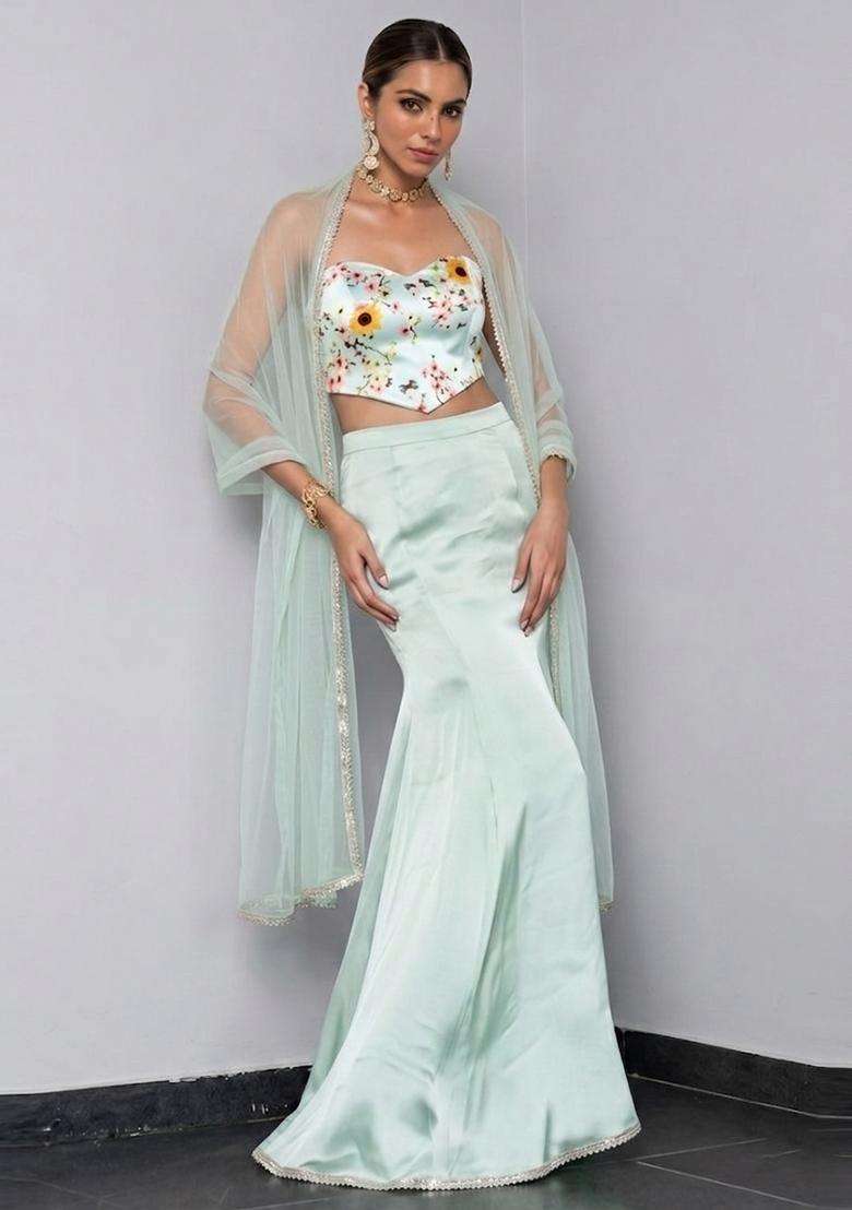 Mint Green Embroidered Handwork Lehenga Set for Diwali and Festive Wear - Indya