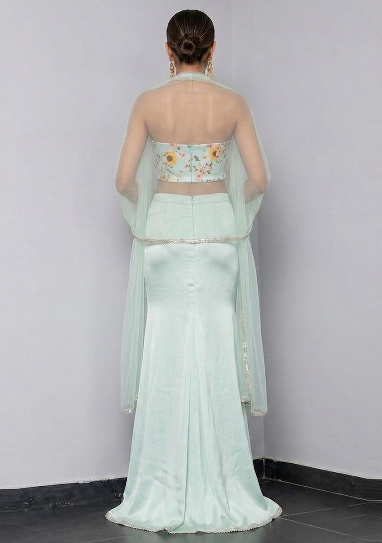Mint Green Embroidered Handwork Lehenga Set - Indya