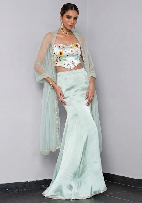 Mint Green Silk Blend Floral Print Lehenga Set