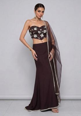 Dark Brown Embroidered Handwork Lehenga Set