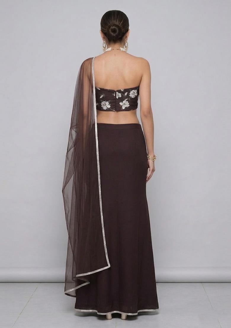 Dark Brown Embroidered Handwork Lehenga Set - Indya