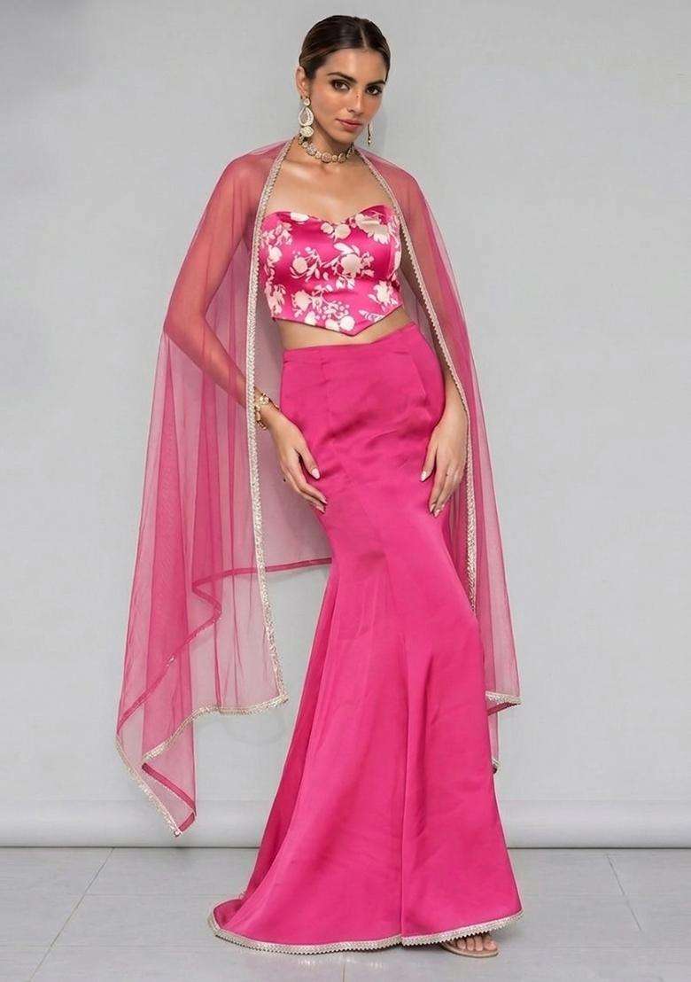 Dark Pink Embroidered Handwork Lehenga Set for Diwali and Festive Wear - Indya