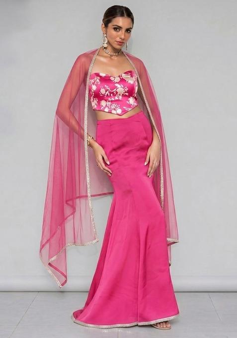 Dark Pink Silk Blend Floral Print Lehenga Set