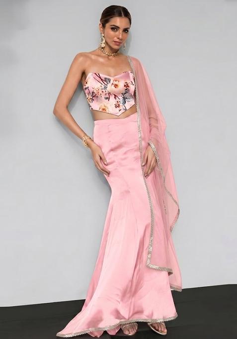Blush Pink Silk Blend Floral Print Fusion Set