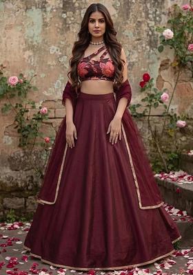Maroon Silk Blend Floral Print Lehenga Set