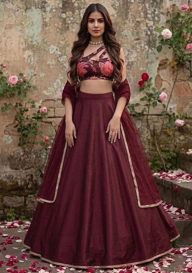 Maroon Silk Blend Floral Print Lehenga Set - Indya