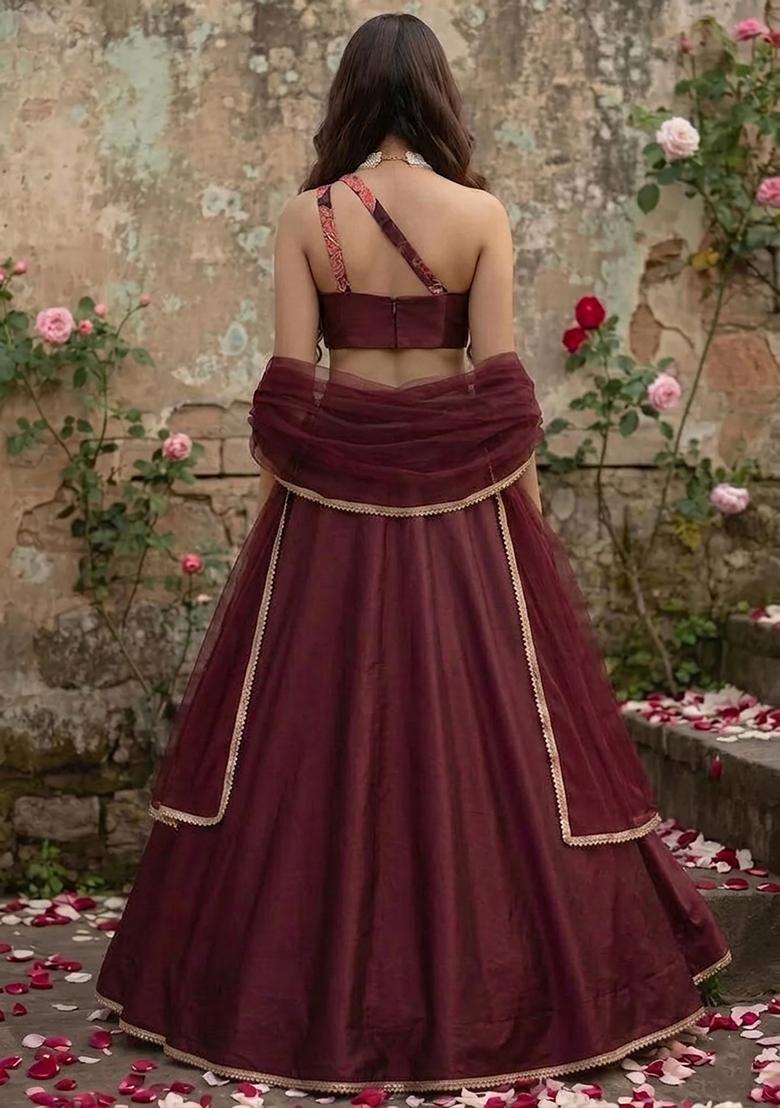 Maroon Silk Blend Floral Print Lehenga Set - Indya