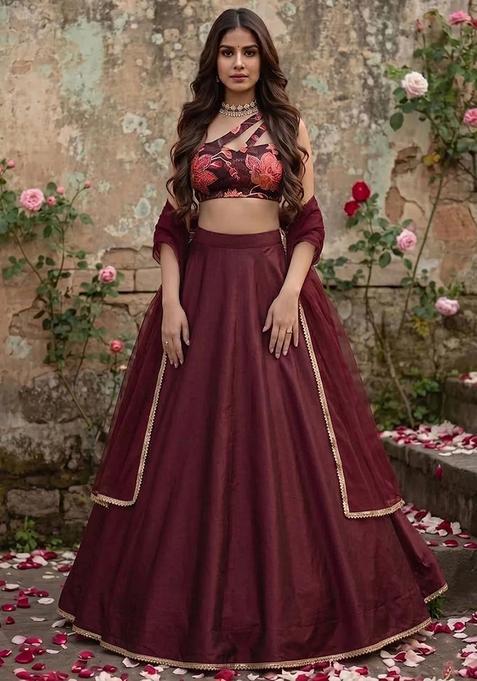 Coffee Brown Silk Blend Floral Print Lehenga Set