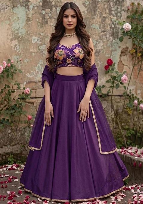 Purple Silk Blend Floral Print Lehenga Set
