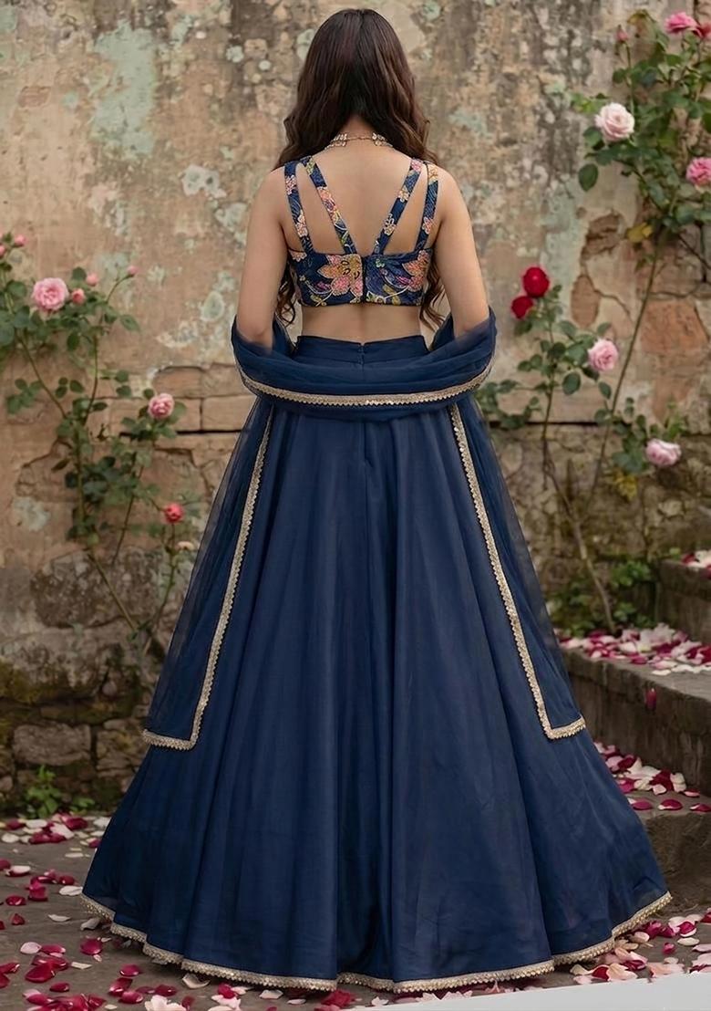 Navy Blue Embroidered Handwork Lehenga Set - Indya