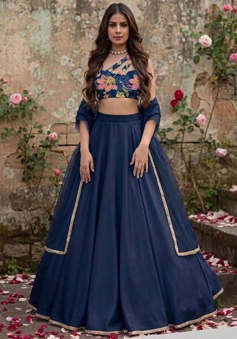 Navy Blue Silk Blend Embroidered Lehenga Set