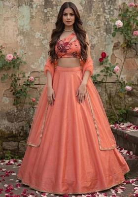Coral Peach Embroidered Handwork Lehenga Set