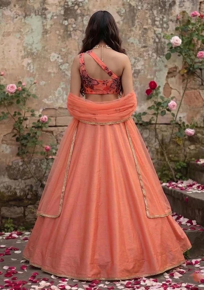 Coral Peach Embroidered Handwork Lehenga Set - Indya