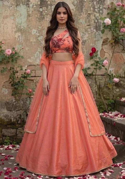 Coral Peach Silk Blend Floral Print Lehenga Set