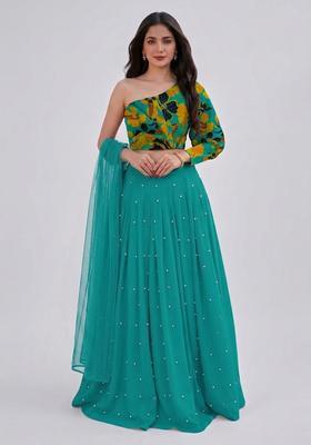 Teal Blue Embroidered Handwork Lehenga Set