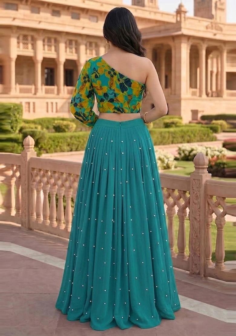 Teal Blue Embroidered Handwork Lehenga Set - Indya