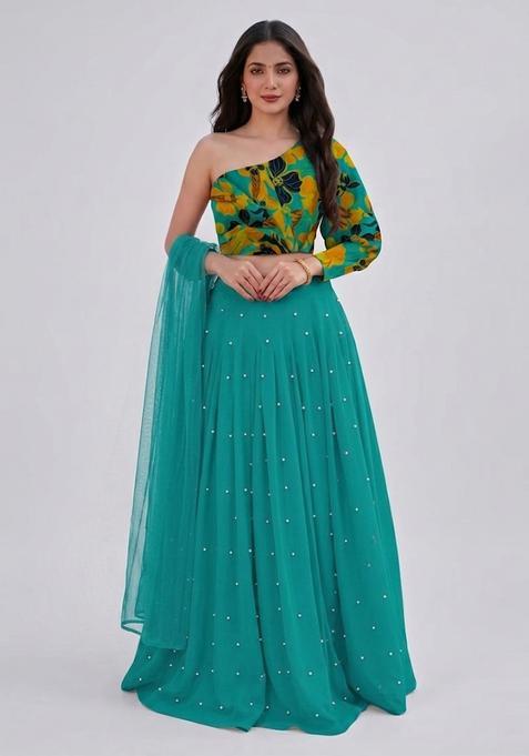 Teal Blue Crepe Floral Print Lehenga Set