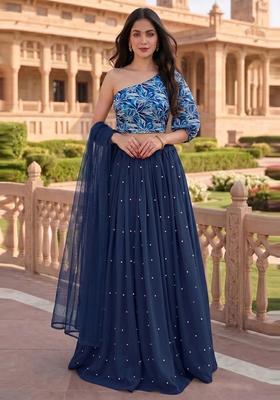 Navy Blue Embroidered Handwork Lehenga Set