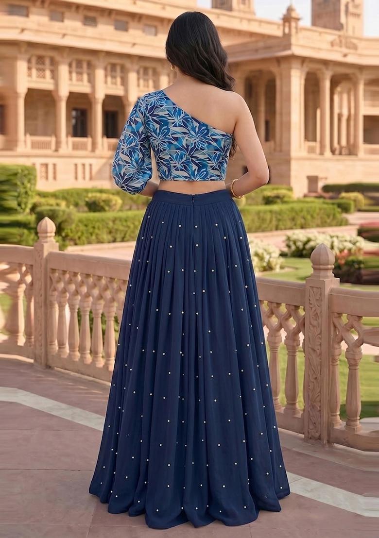 Navy Blue Embroidered Handwork Lehenga Set - Indya