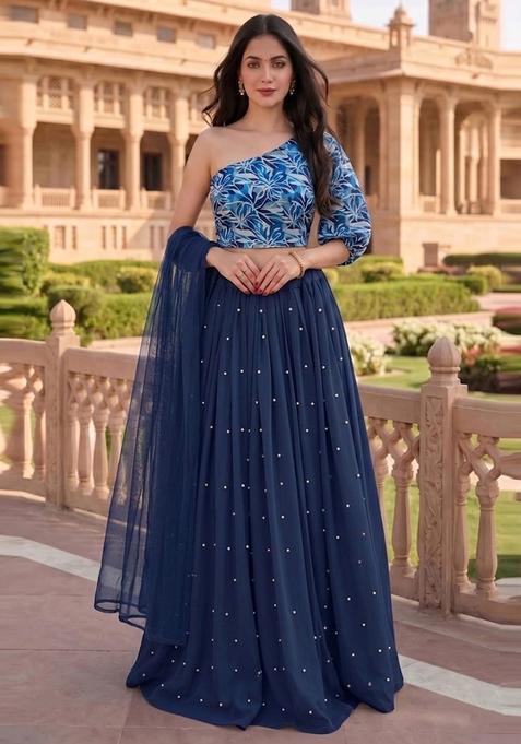Navy Blue Silk Blend Floral Print Lehenga Set