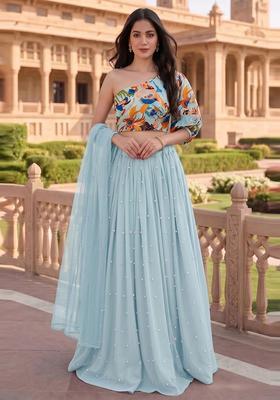 Sky Blue Embroidered Handwork Lehenga Set