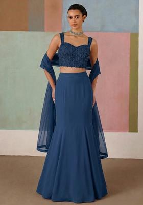 Scarlet Blue Embroidered Handwork Lehenga Set