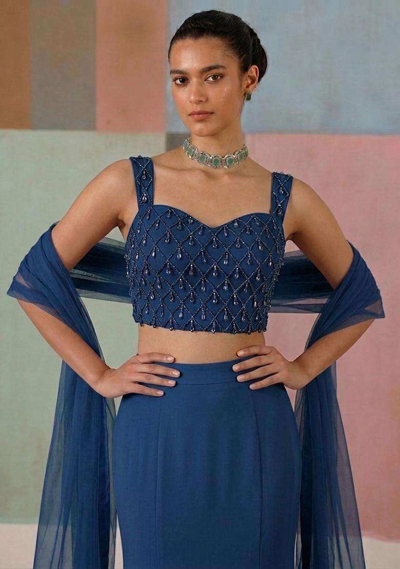 Scarlet Blue Embroidered Handwork Lehenga Set - Indya