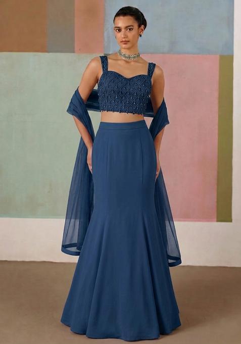 Scarlet Blue Crepe Embellished Lehenga Set