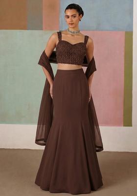 Chocolate Brown Embroidered Handwork Lehenga Set