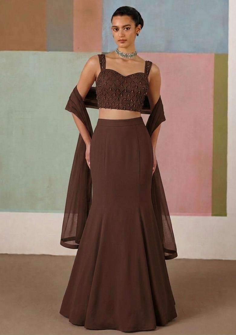 Chocolate Brown Embroidered Handwork Lehenga Set - Indya