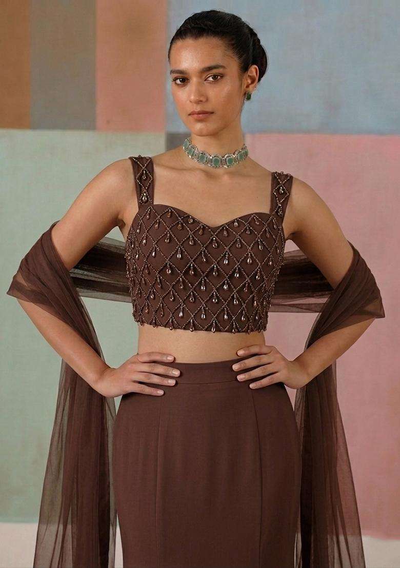 Chocolate Brown Embroidered Handwork Lehenga Set - Indya