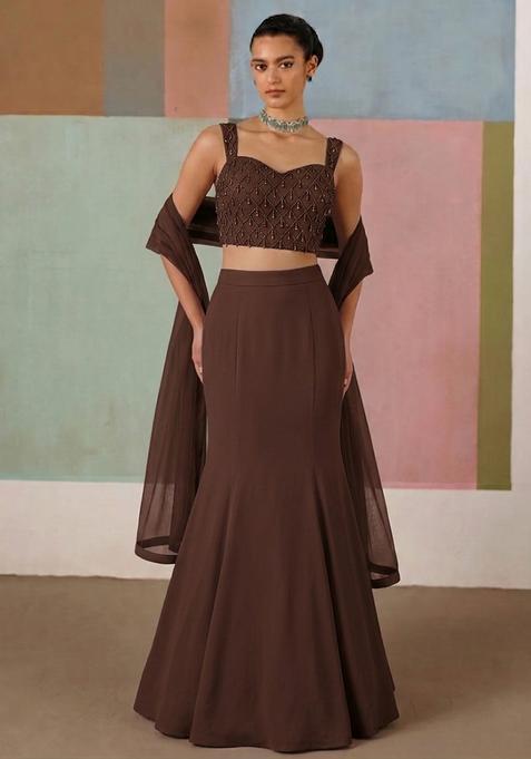 Chocolate Brown Crepe Embellished Lehenga Set