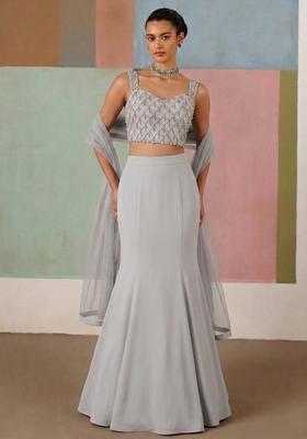 Steel Grey Embroidered Handwork Lehenga Set