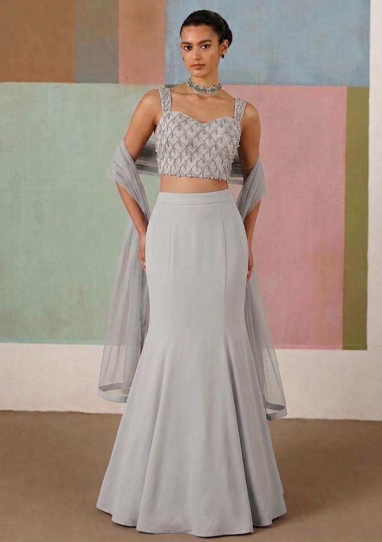 Steel Grey Embroidered Handwork Lehenga Set - Indya
