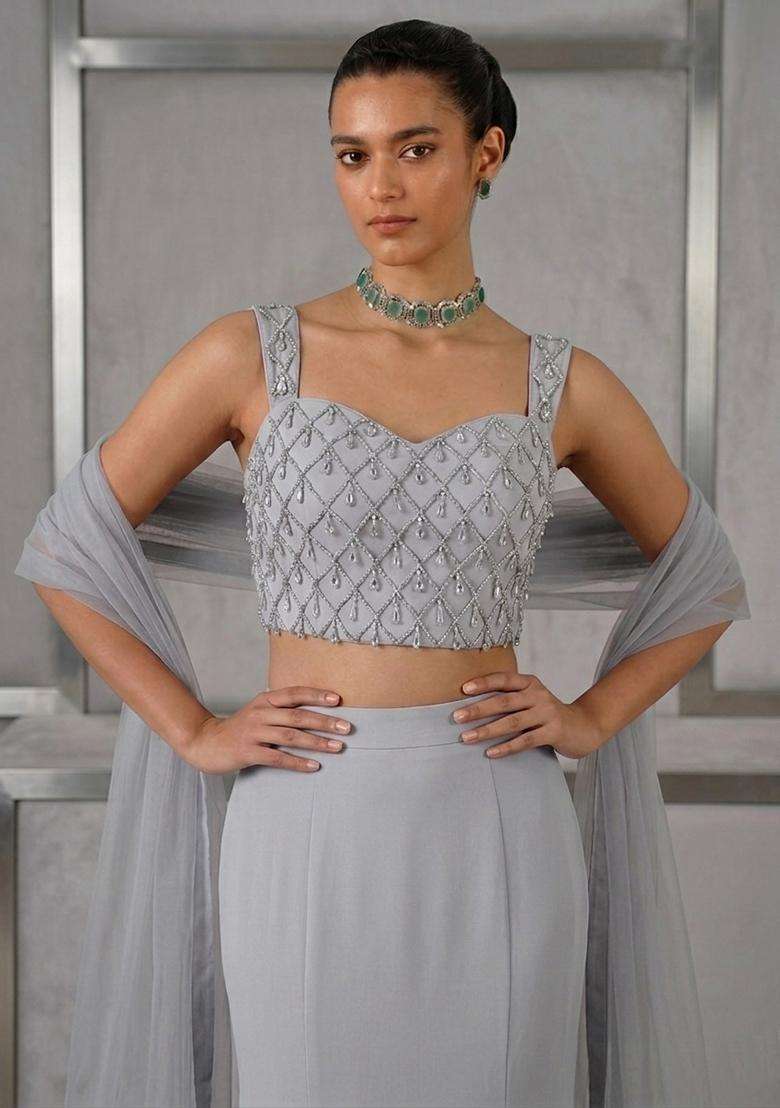 Steel Grey Embroidered Handwork Lehenga Set - Indya