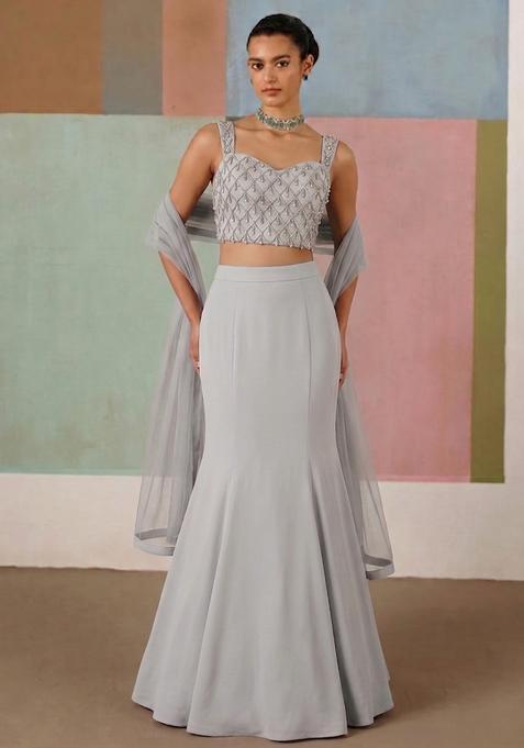 Steel Grey Crepe Embellished Lehenga Set