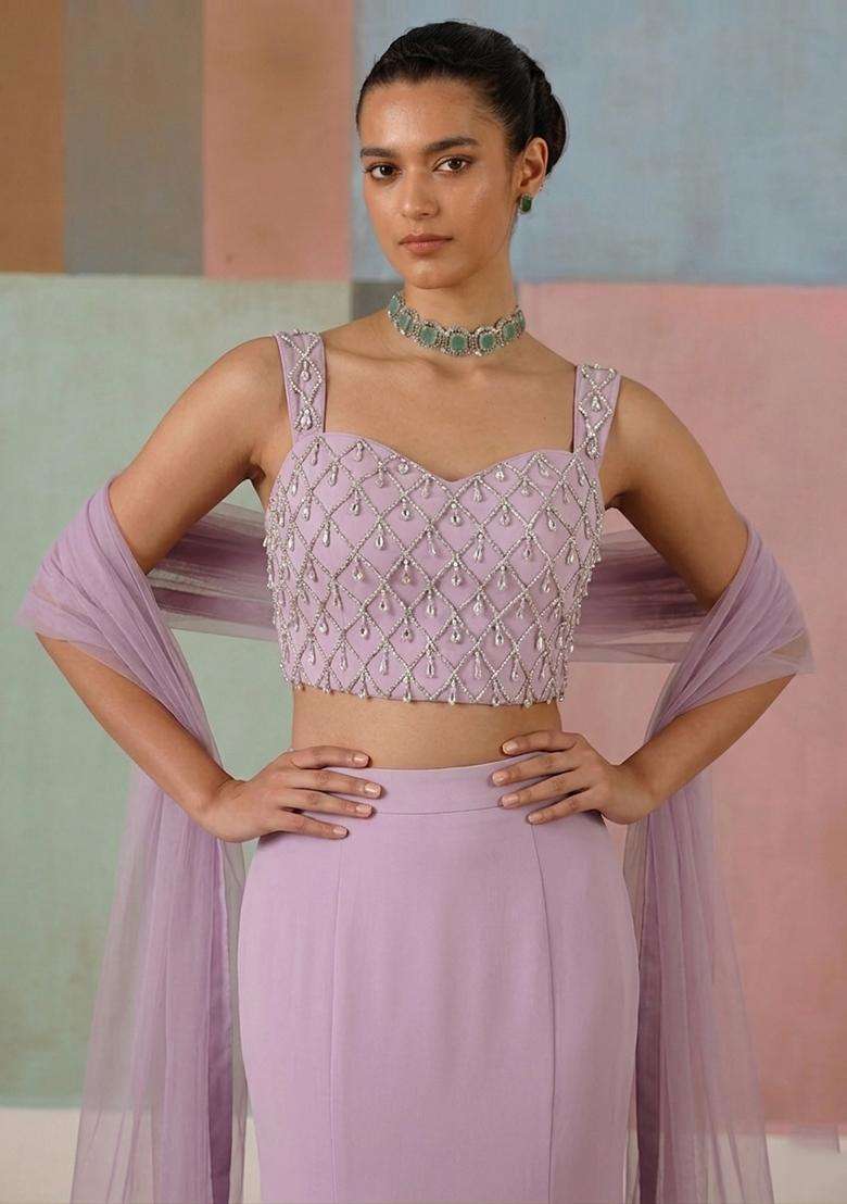 Lilac Embroidered Handwork Lehenga Set - Indya