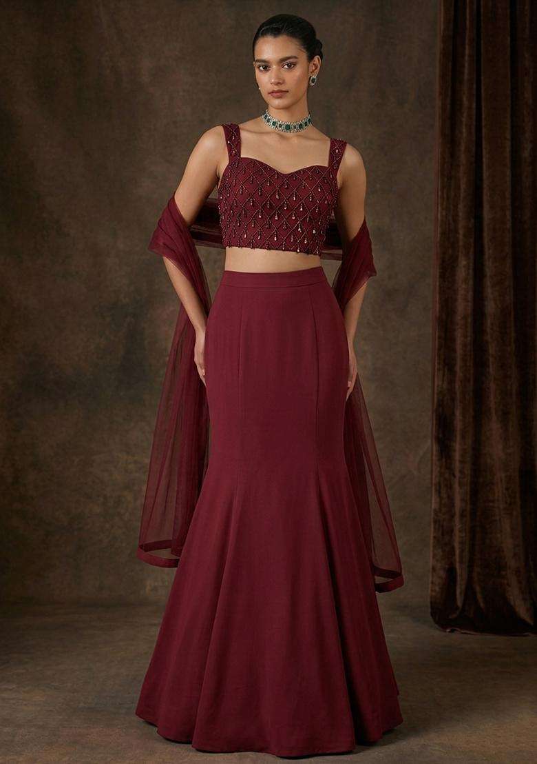 Burgundy Embroidered Handwork Lehenga Set - Indya