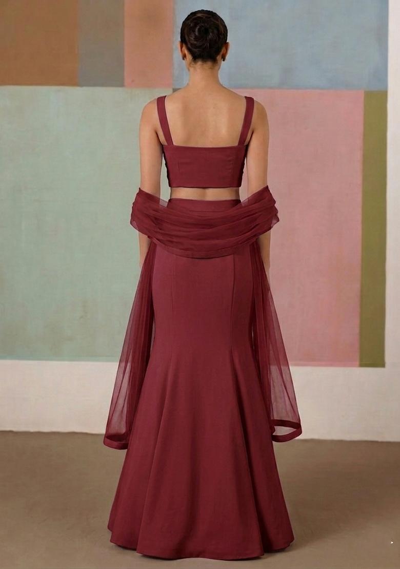 Burgundy Embroidered Handwork Lehenga Set - Indya