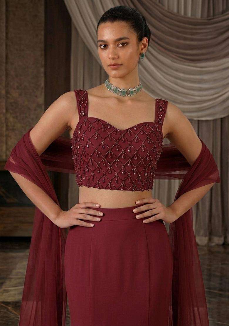 Burgundy Embroidered Handwork Lehenga Set - Indya