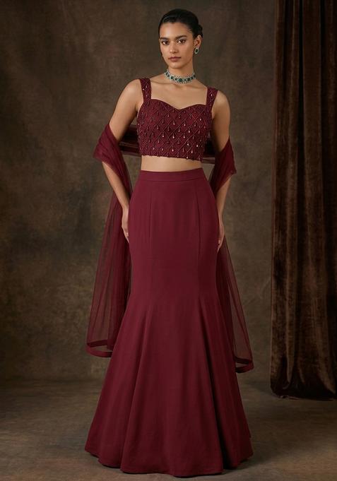 Burgundy Crepe Embellished Lehenga Set