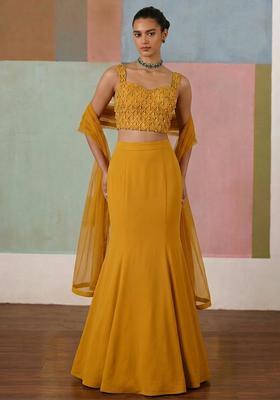 Mustard Embroidered Handwork Lehenga Set