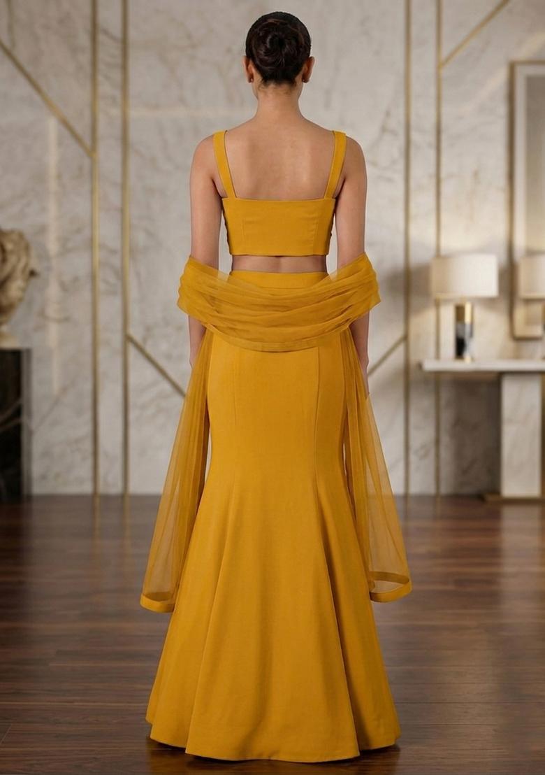 Mustard Embroidered Handwork Lehenga Set - Indya