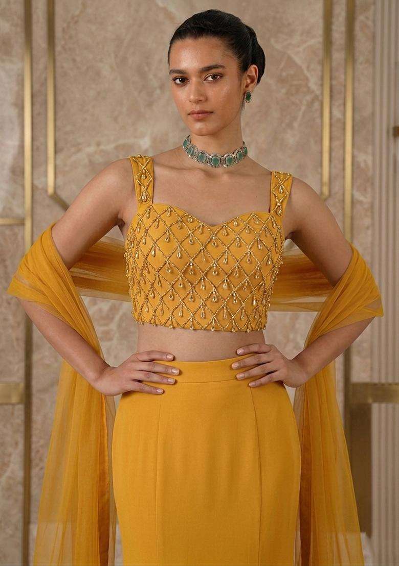 Mustard Embroidered Handwork Lehenga Set - Indya