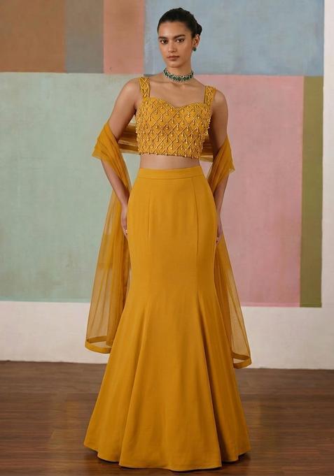 Mustard Crepe Embellished Lehenga Set