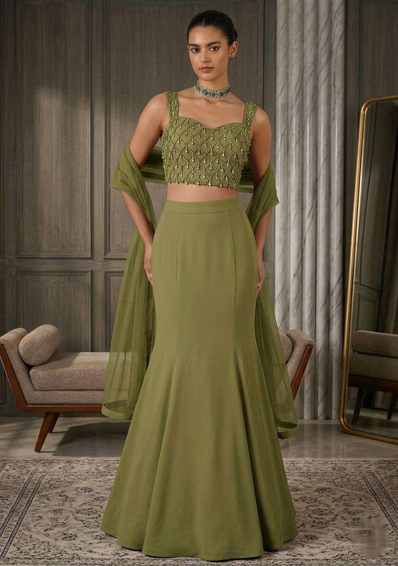 Olive Green Embroidered Handwork Lehenga Set - Indya