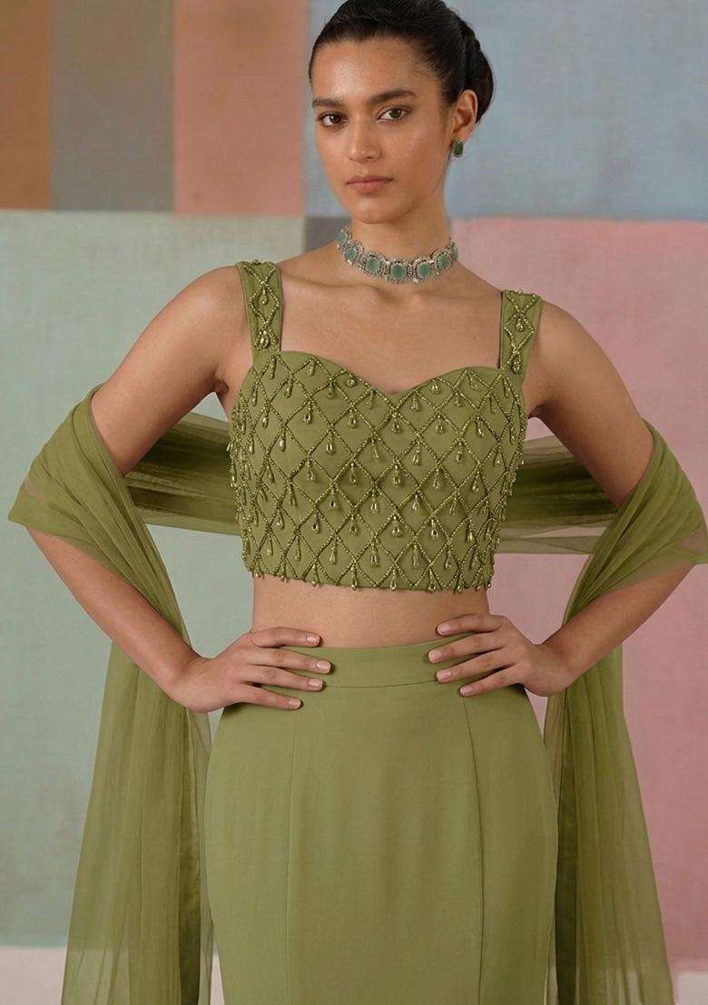 Olive Green Embroidered Handwork Lehenga Set - Indya