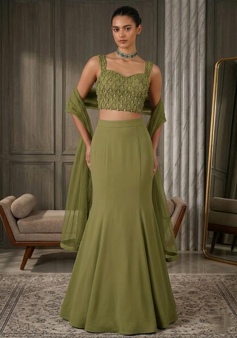 Olive Green Crepe Embellished Lehenga Set