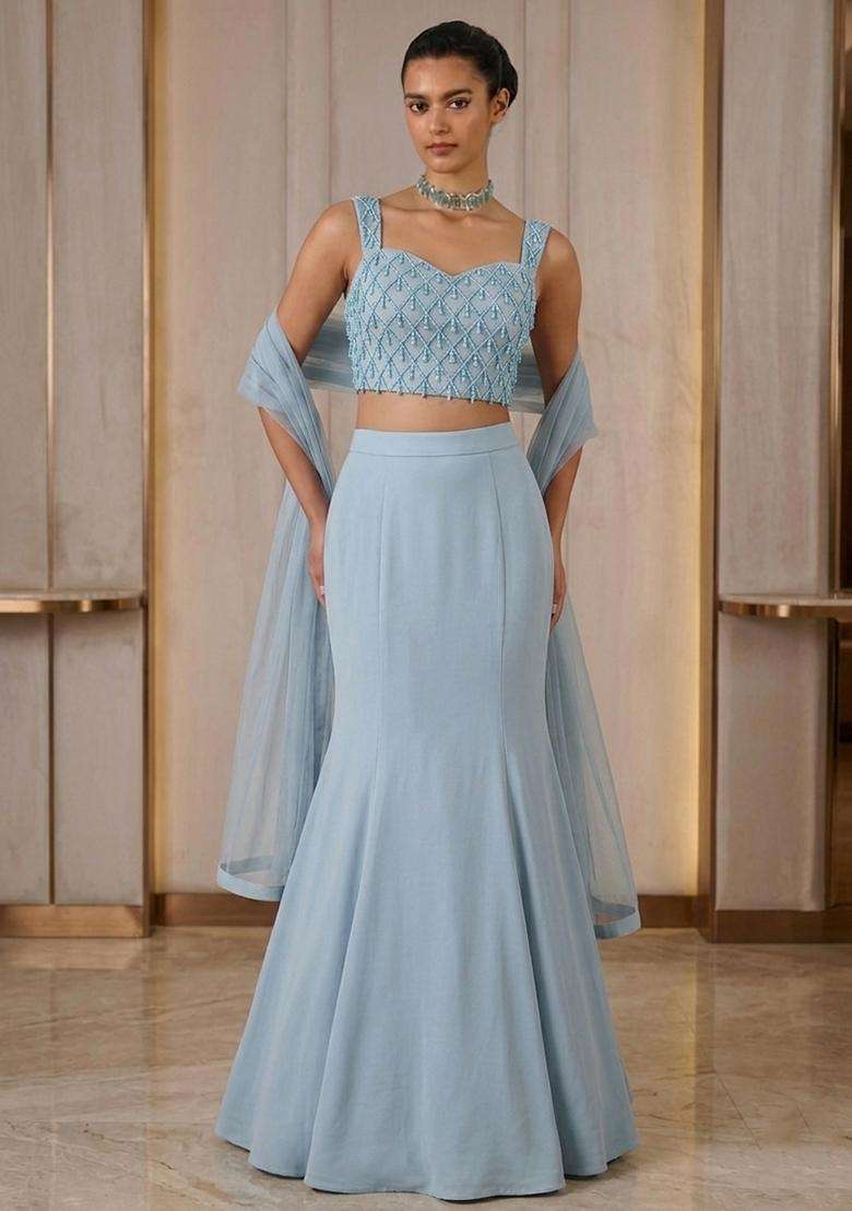 Sky Blue Embroidered Handwork Lehenga Set - Indya