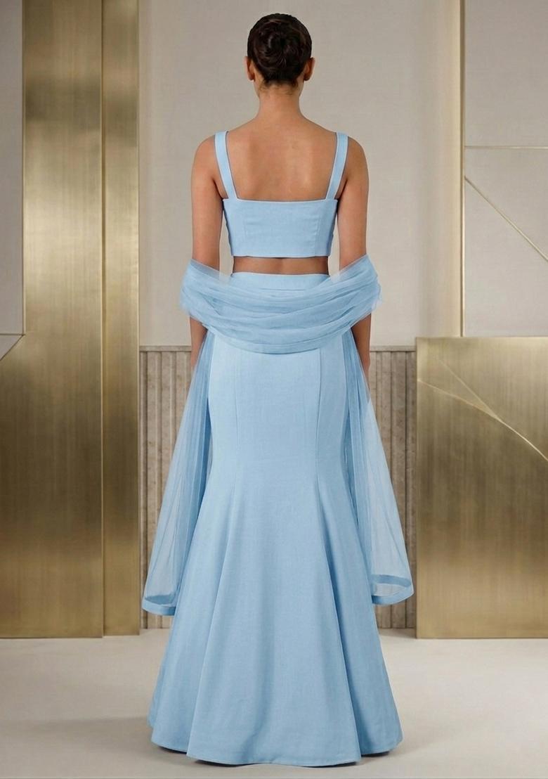 Sky Blue Embroidered Handwork Lehenga Set - Indya